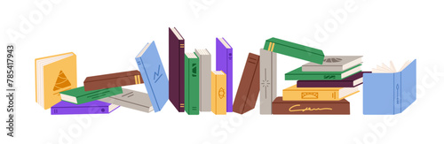 Horizontal row of paper books. Bookshelf of different literature, novels, diaries, for reading, studying. Stacks of textbooks with colored cover. Flat isolated vector illustration on white background