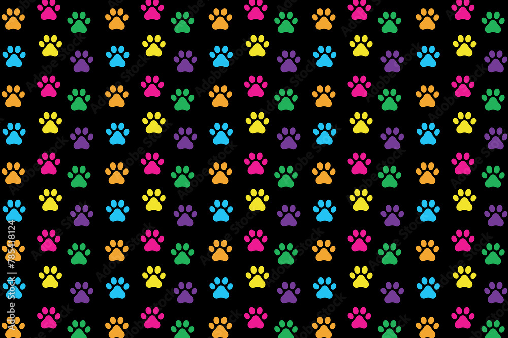 animal paw, pet theme, cat dog, pattern with happy colors and dark background animal paw, pet theme, cat dog, pattern with happy colors and dark background