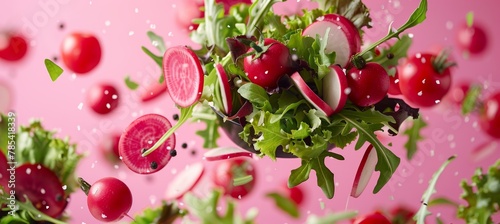 Fresh salad ingredients display  arugula, lettuce, radish, tomato on pink background