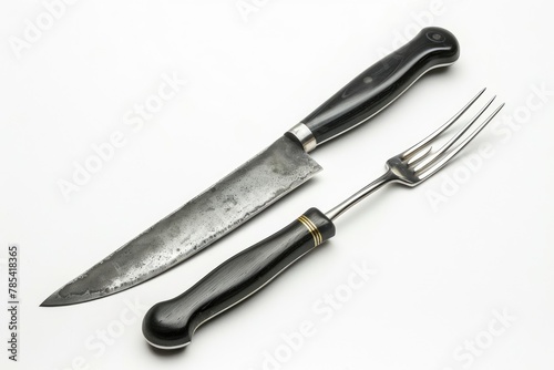 Carving Knife and Fork Set for Clean and Precise Cooking. Black Handle and Blade Stand out on White Background