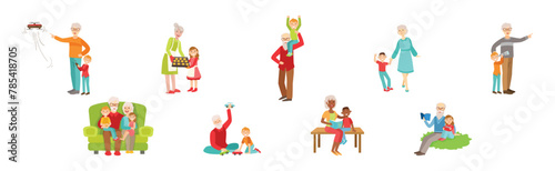 Grandfather and Grandmother Spending Time with Grandchildren Vector Set