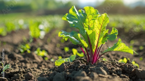 Closeup of Young Sugar Beet Plant in Lush Green Field. Agriculture Farming and Nature Concept of Plant Growth During Season photo