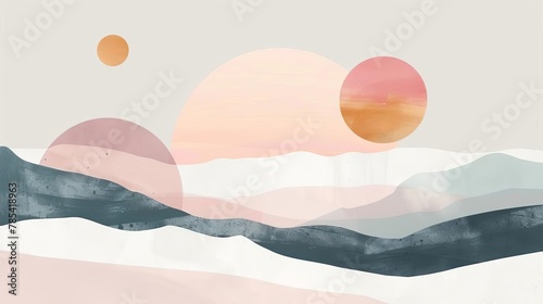 minimalist abstract landscape with simple geometric shapes clean lines and pastel color palette modern illustration