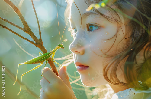 Close up of a young girl holding a stick with a green praying mantis on it, on a sunny day with bright light photo
