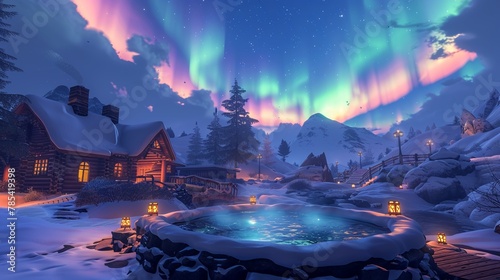 A digital mountain retreat in the metaverse, where 3D cartoon characters relax in hot springs under a simulated northern lights display
