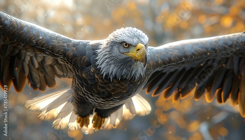 Bald eagle with outstretched wings, Bright scene, octane renderer, soft light environment, panoramic shots, high quality, masterpieces photo
