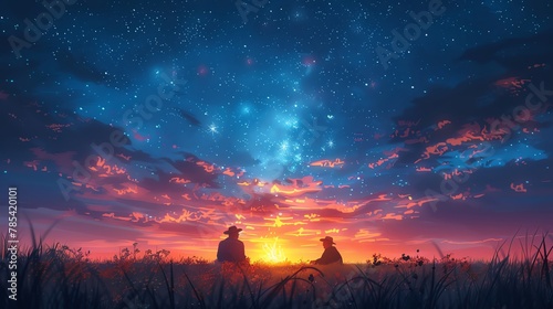 Campfire scenes with cowboys telling tales under the stars photo