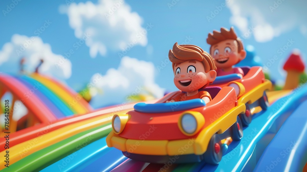 Cartoon kids riding a rainbow rollercoaster, bright sky backdrop, dynamic angle, 3D thrill excitement