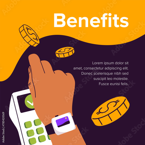 Contactless cashless payment, digital finance transactions using smartwatch. Person taps to pay, touches watch to POS to buy. Template of advertising card of NFC technology. Flat vector illustration