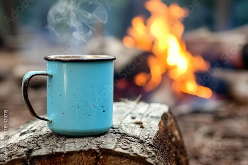 Morning Bliss: Blue Enamel Cup of Coffee Warmed by an Outdoor Campfire photo