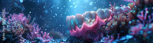 A set of dentures rest on the ocean floor among colorful coral reefs.