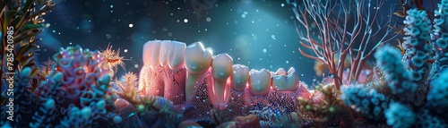 A set of healthy teeth are set in a colorful coral reef. photo