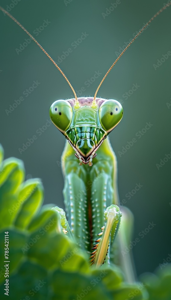 Intricately detailed close up macro photo capturing the features of a praying mantis Intricately detailed close up macro photo capturing the features of a praying mantis