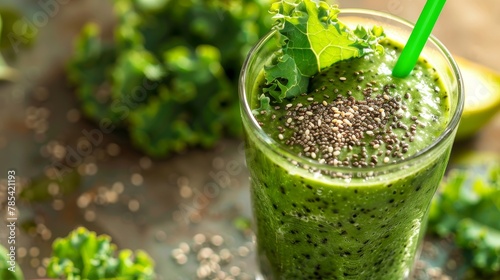 Refreshing Kale and Apple Smoothie Served in a Tall Glass, Topped with Nutritious Chia Seeds, Creating a Healthy and Vibrant Drink Concept. photo