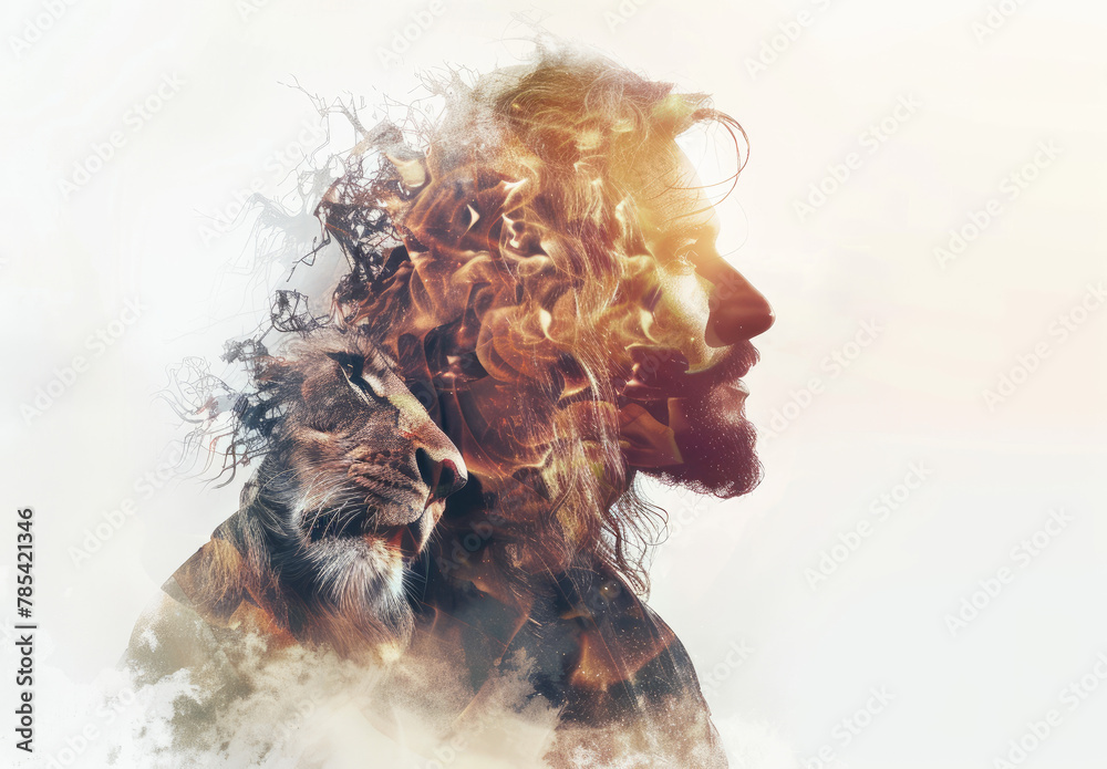 Fototapeta premium double exposure of Jesus and lion, white background, light colors