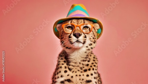 Cheetah in a bright hat and stylish glasses, against the background of a pink wall, vintage and fashionable style. Isolated studio portrait close up. Funny, cute and unusual image. Copy space