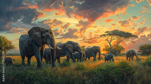 Capture a majestic herd of elephants grazing peacefully in a lush, untouched African savannah at sunrise in a traditional Art Medium