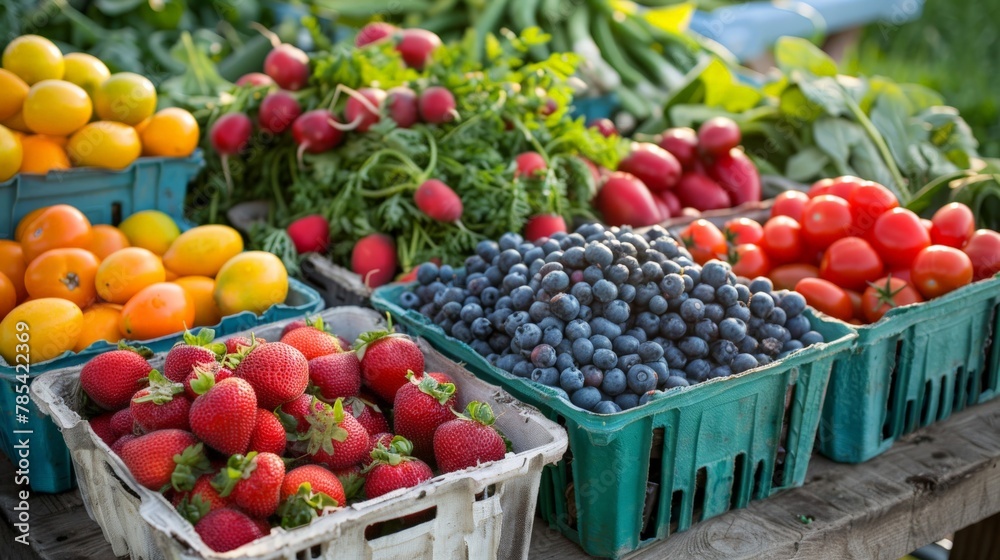 A farmer's market haul of fresh produce, the morning light accentuating the dew on organic fruits and vegetables, ready for a healthy meal prep. A farmer's market haul of fresh produce, the morning light accentuating the dew on organic fruits and vegetables, ready for a healthy meal prep.