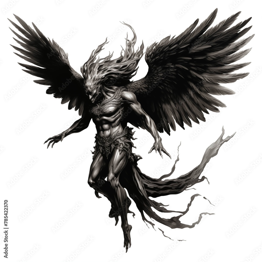 Fototapeta premium Black and White Illustration of a Harpy on a White Background