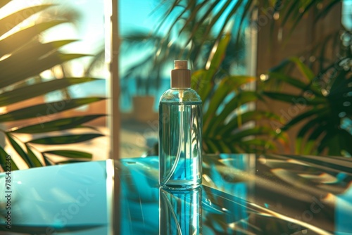 Obraz na płótnie Chic Body Mist Spray in Aqua-Blue Bottle in Beachside Bungalow
w salonie