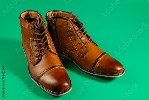 A pair of premium calfskin boots on a green background. Horizontal shot.