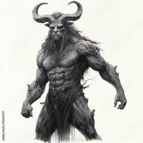 Black and White Illustration of a Satyr on a White Background