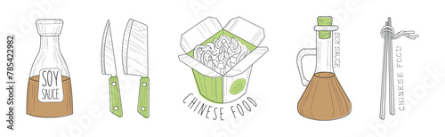 Chinese Wok Noodles Dish Preparation Element Line Vector Set