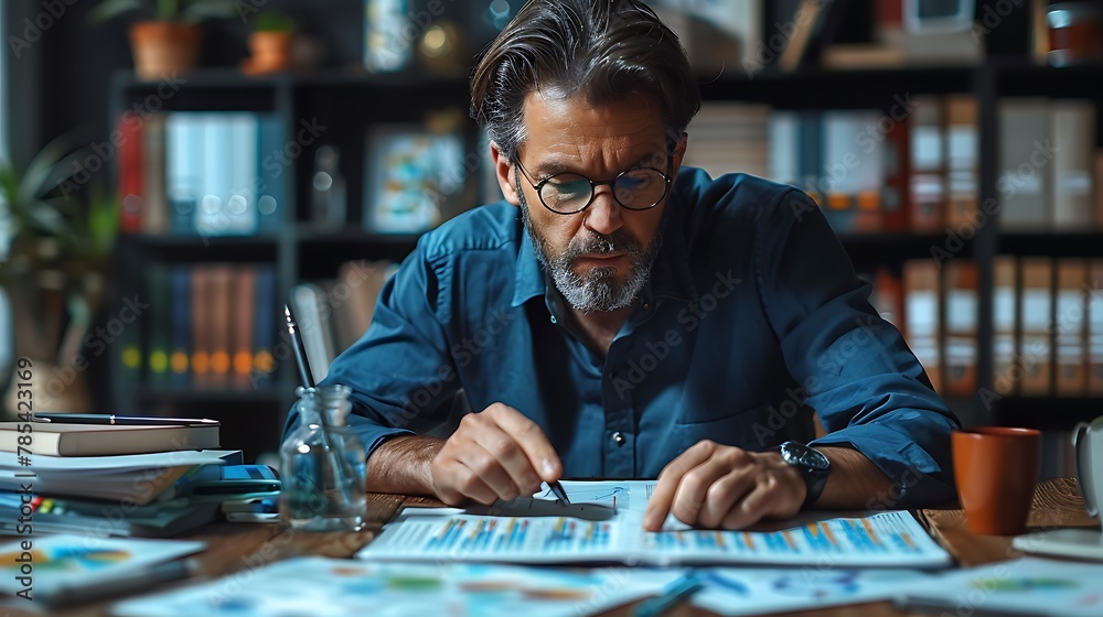 An intimate tutoring session in a cozy study room, a finance professor explaining stock market trends using hand-drawn charts on a flip chart, surrounded by stacks of financial textbooks and journals.