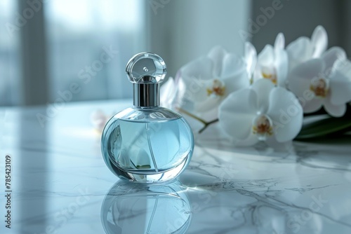 Sophisticated Fragrance Bottle on White Marble Countertop with Orchids