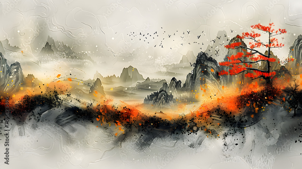 Chinese wind wallpaper, ink wash, new Chinese style, landscape painting, golden brushstrokes. Painting. Modern Art. Wallpaper, posters, cards, murals, prints.