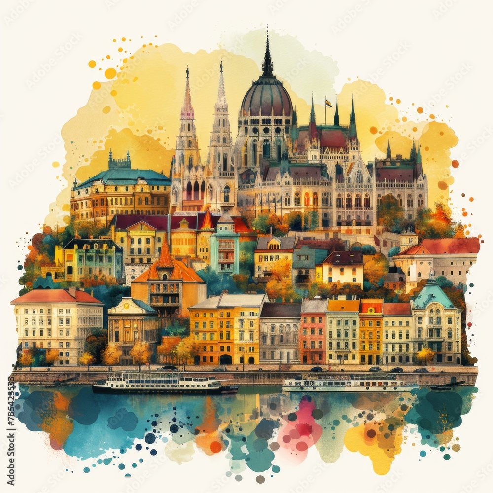 Whimsical Illustration of Budapest with Crayon Strokes and Watercolor Splashes

