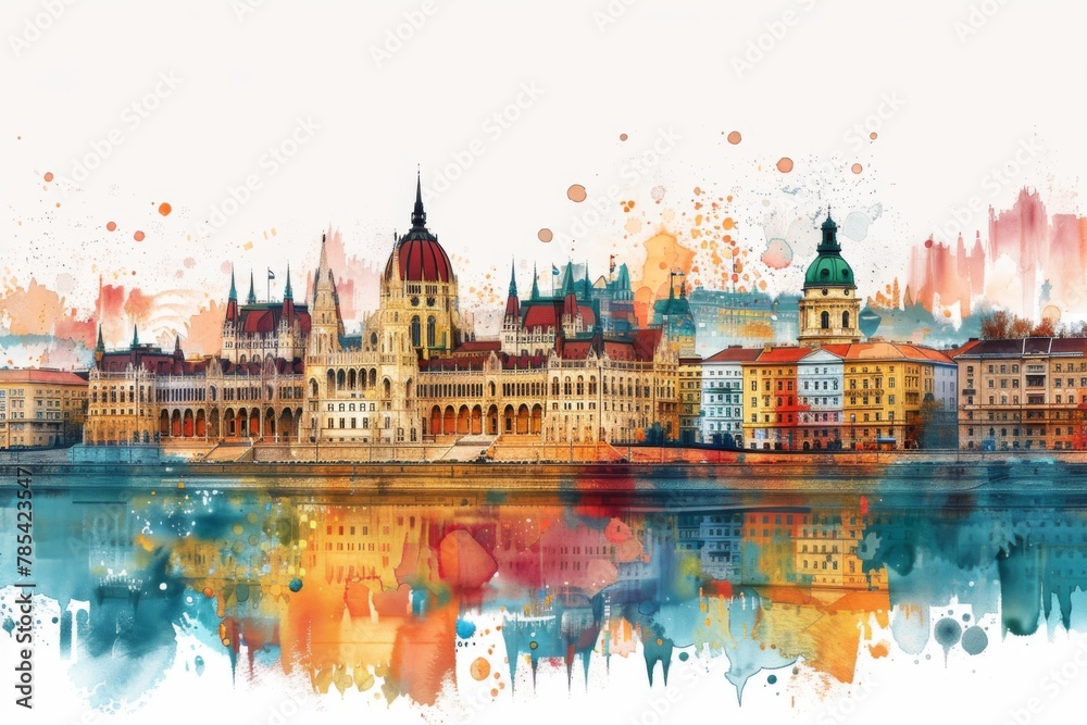 Whimsical Illustration of Budapest with Crayon Strokes and Watercolor Splashes

