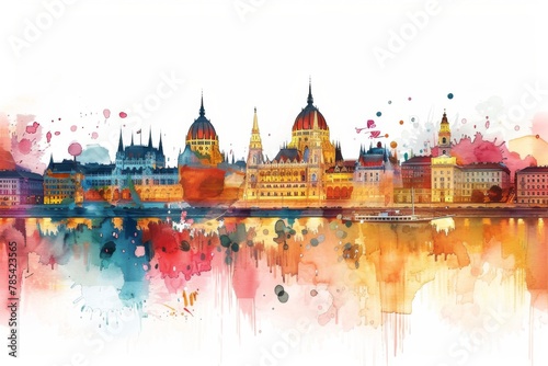 Whimsical Illustration of Budapest with Crayon Strokes and Watercolor Splashes