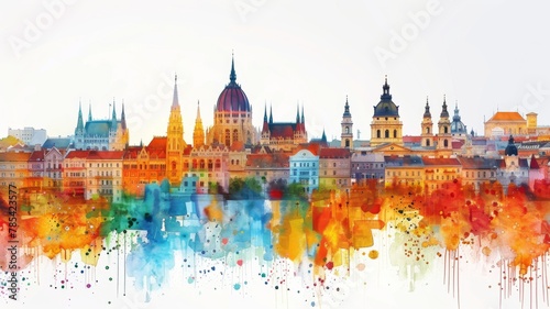 Whimsical Illustration of Budapest with Crayon Strokes and Watercolor Splashes