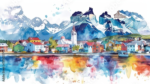 Whimsical Illustration of Ushuaia with Crayon Strokes and Watercolor Splashes