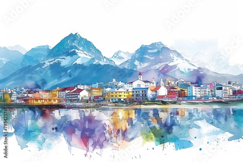 Whimsical Illustration of Ushuaia with Crayon Strokes and Watercolor Splashes