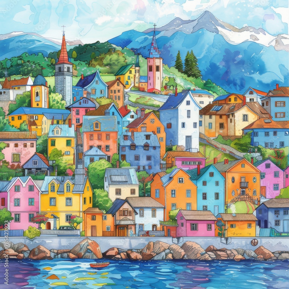 Whimsical Illustration of Ushuaia with Crayon Strokes and Watercolor Splashes

