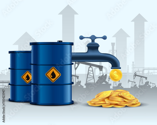 Barrel with crude oil and valve with dripping coins. Against the backdrop of oil rigs and pumps. Stock vector illustration