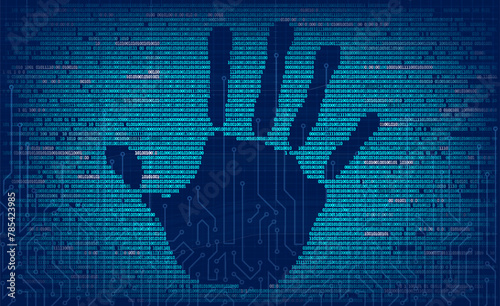 Computer code with a handprint on the screen. Cybercrime and Internet virus. Stock vector illustration