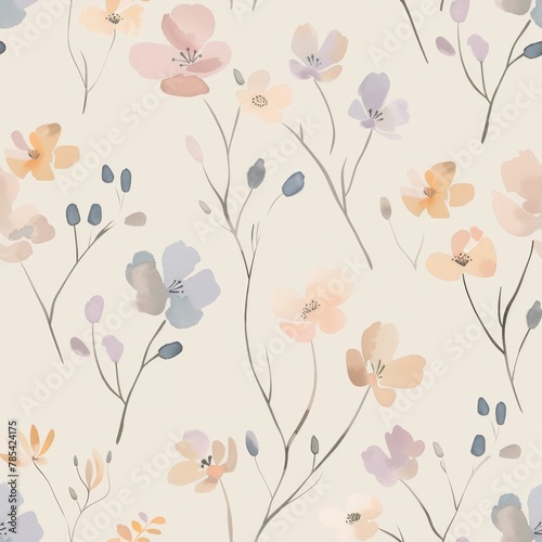 Floral wallpaper with blue, pink, and orange flowers on beige background for interior design concept