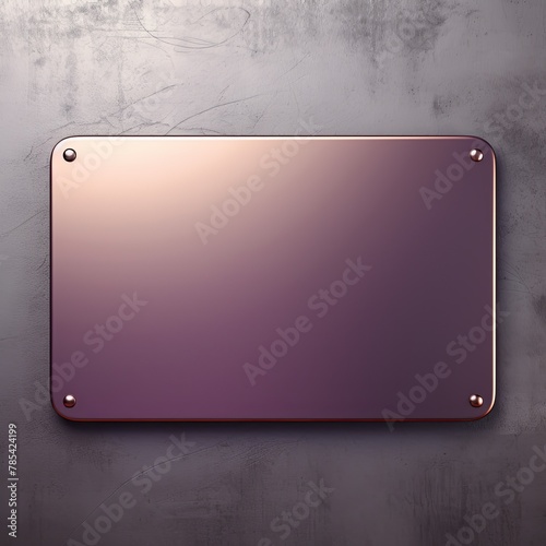 Purple large metal plate with rounded corners is mounted on the wall. It is a 3d rendering of a blank metallic signboard