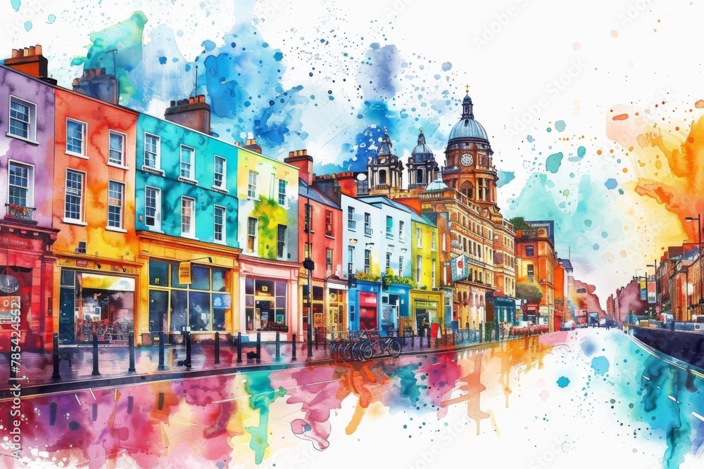 Whimsical Illustration of Dublin with Crayon Strokes and Watercolor Splashes