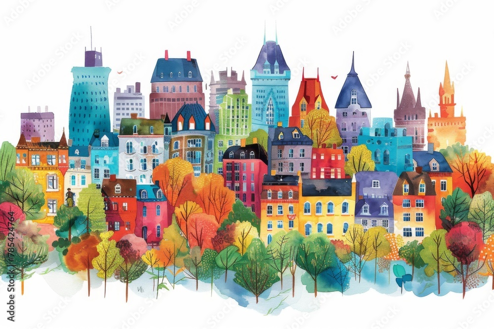 Obraz premium Whimsical Illustration of Montreal with Crayon Strokes and Watercolor Splashes