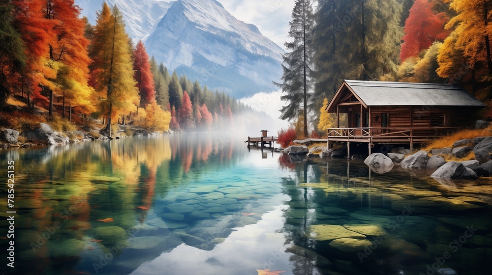 A charming lakeside cabin engulfed by lush greenery, overlooking a pristine mountain lake reflecting the vivid colors of the surrounding landscape.