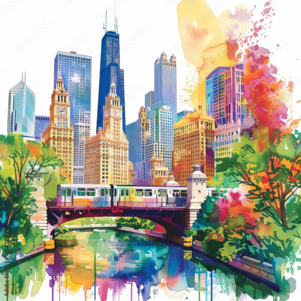 Whimsical Illustration of Chicago with Crayon Strokes and Watercolor Splashes