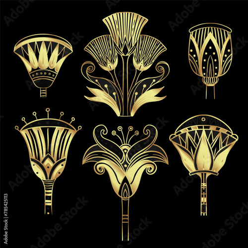 Egyptian floral design element set in gold isolated on white. Art deco style. Lotus flower, vector sign, symbol, logo illustration. Spirituality, occultism, chemistry, flower tattoo.