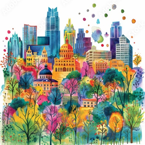 Whimsical Illustration of Austin with Crayon Strokes and Watercolor Splashes