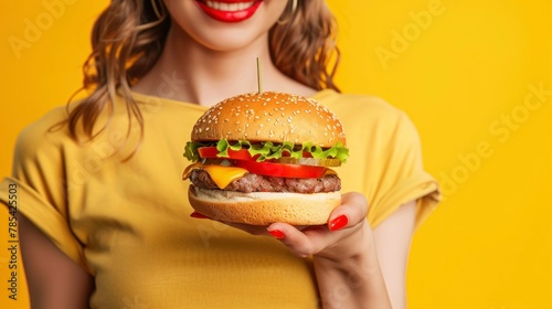  cheerful female holding burger clear Background