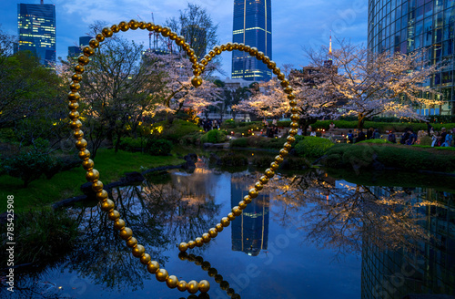 Obraz na płótnie Mohri Garden night time view with Sakura w salonie