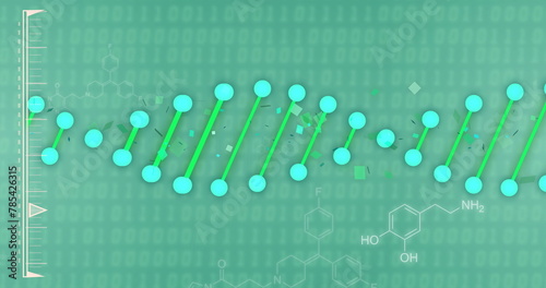 Image of data processing with dna strand and chemical formula on green background